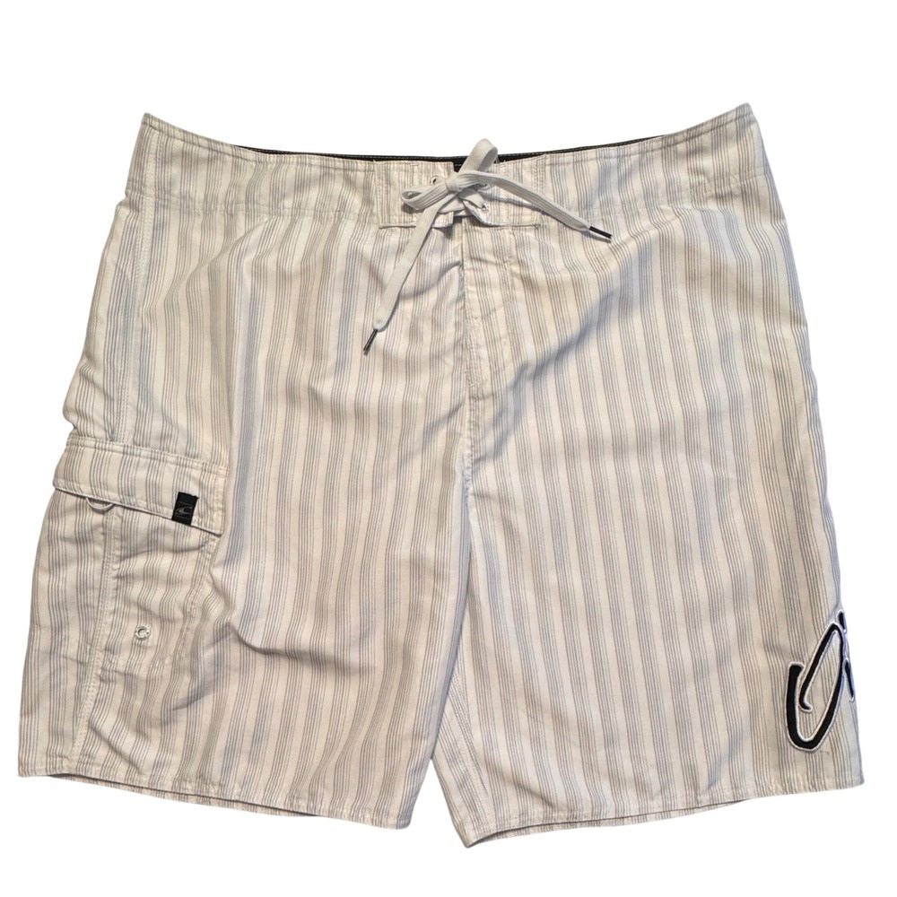O'Neill Striped Board‎ Shorts Men Size 40 Swim Trunks White Beach Surfwear Cargo